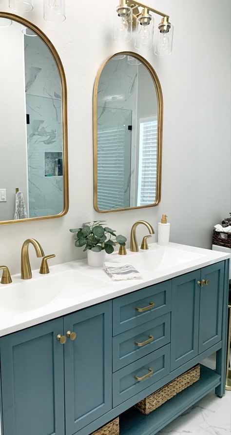 #bluevanity #bathroomreno bathroom decor, gold faucets, bathroom redo Blue Bathroom Asethic, Aqua Bathroom Cabinets, Aqua Vanity Bathroom, Bright Bathroom Cabinets, Sea Glass Bathroom Vanity, Royal Blue Bathroom Vanity, Coastal Bathroom Gold Hardware, Aqua Blue Bathroom Vanity, Bathroom Vanity Ideas Gold Hardware