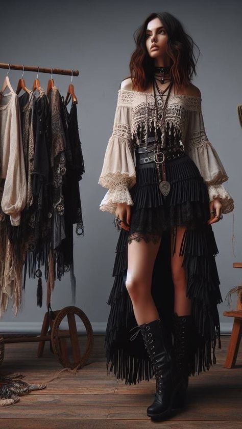 Neo Bohemian Fashion, Fancy Boho Outfits, Unique Aesthetic Outfits, Black Bohemian Outfits, Goth Boho Outfits, Boho Fashion Aesthetic, Boho Goth Outfits, Unique Outfits Creative Fashion, Boho Outfits Aesthetic