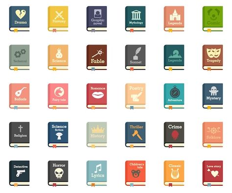 Library Graphic Design, Book Genre Posters, Movie Rating, Library Pictograms, Bookshelf Genre Labels, Book Genre Labels, Literary Genres, Genre Of Books, Pictogram Design