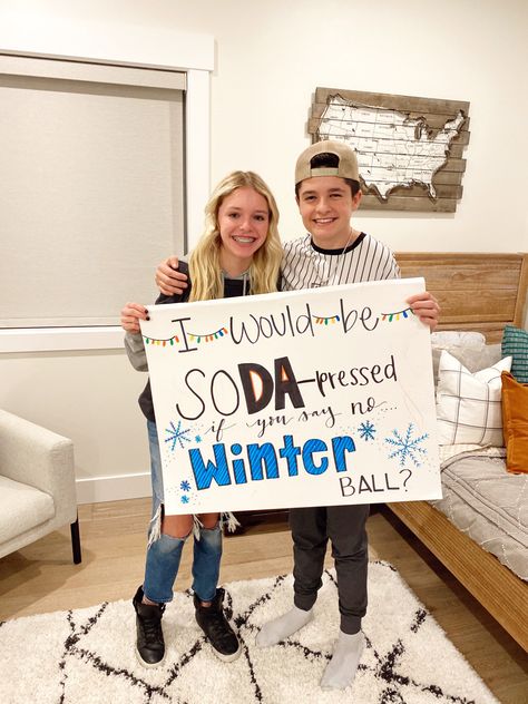 Girl asking a boy to a high school dance using a poster. Ways To Ask Guys To A Dance, Winfo Proposals Funny, Winter Formal Proposal For Friends, Winter Ball Sign Ideas, Winter Dance Responses, Promposal Ideas For Friends Guys, Funny Ways To Ask To A Dance, How To Ask A Guy To Sadies, Cute Ways To Ask Someone To Winter Formal