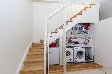 Cammeray, Extension contemporary-laundry-room Contemporary Laundry Room, Room Under Stairs, تحت الدرج, Storage Stairs, Stairs Storage, Contemporary Staircase, Laundry Room Flooring, Staircase Storage, Kabinet Dapur