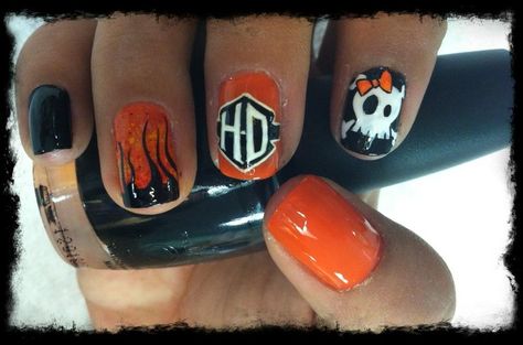 Cool Harley Davidson Nail Design Cool Harley Davidson, Fingernail Designs, Black Harley Davidson, Nail Art Sticker, Toe Nail Designs, Pretty Designs, Acrylic Nail Art, Cool Nail Designs, Fancy Nails