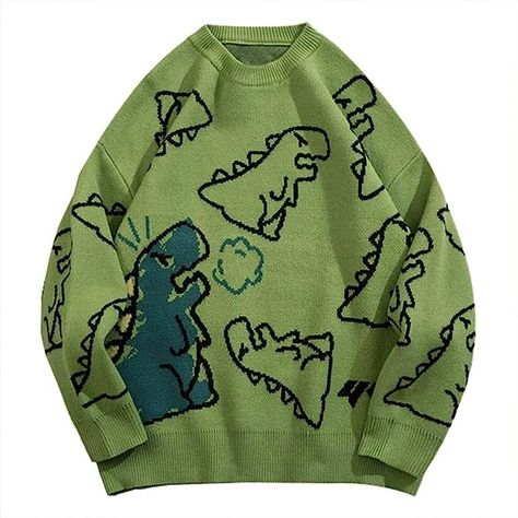 Vamtac Grassland Cow Vintage Oversize Knitted Sweater Long Sleeve Round Neck Knitted Pullover Jumper Dinosaur Sweater, Dinosaur Cartoon, Top Streetwear Brands, Pull Oversize, Streetwear Mode, Korean Fashion Women, Pattern Sweater, 가을 패션, Loose Sweater