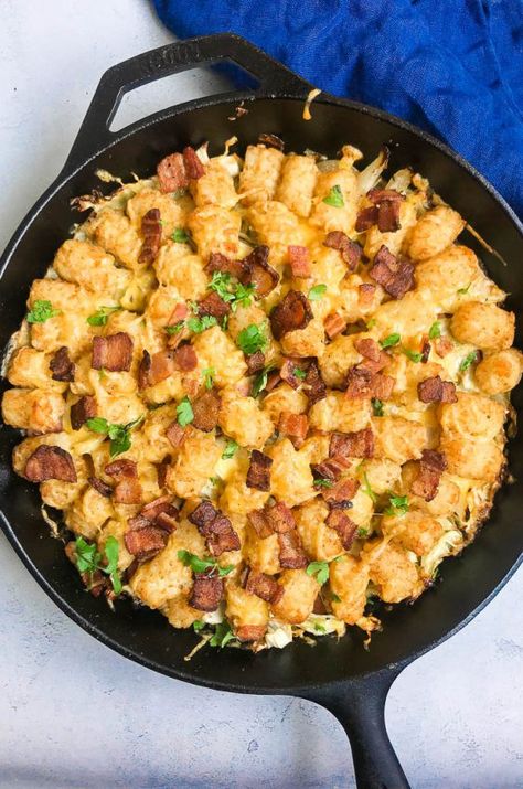 Chorizo Tater Tot Casserole - Life's Ambrosia Making Cabbage, Cabbage And Kielbasa, Cabbage Salsa, Best Tater Tot Casserole, Sautéed Cabbage, Fried Cabbage With Sausage, Tater Tot Casserole Recipe, Kielbasa And Cabbage, Tater Tot Recipes