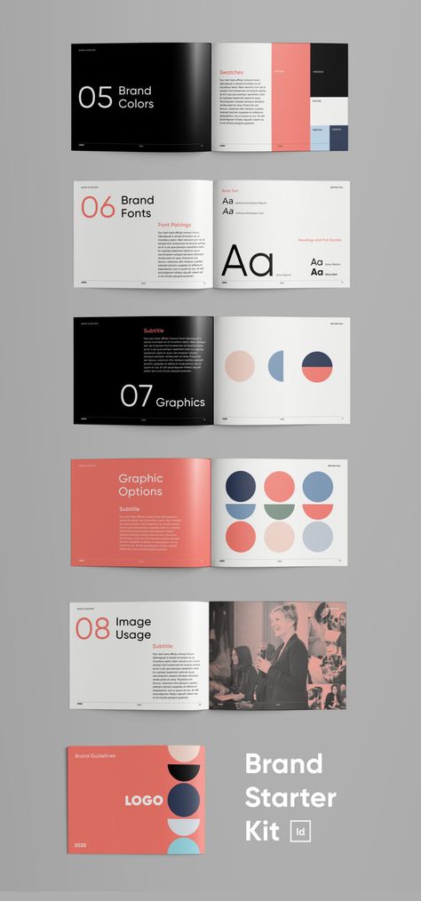 Brand Starter Kit for InDesign | Brand Guidelines Template Pack Corporate Brand Guidelines, Brand Starter Kit, Brand Guidelines Typography, Branding Guidelines Template, Brandbook Brand Guidelines, Brand Book Layout, Brand Book Design Inspiration, Packing Template, Corporate Design Manual