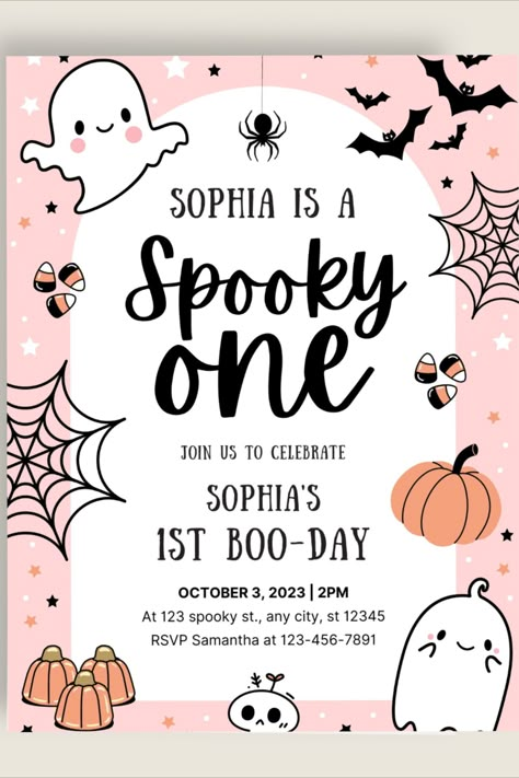 Transform your little one's special day into a hauntingly adorable event with our Editable Canva Halloween First Birthday Invitation. If your child's birthday falls in fall or October, this is the perfect way to set the bewitching tone! Halloween Birthday, Halloween Invitation, Spooky One Birthday, Spooky One Invite, Spooky One Party, Instant Download, 1St Birthday Invite, Editable Invitation, Editable Halloween, Spooktacular Party, Ghost Invitation, Editable Template, Cute Ghost Party 1st Birthday October, First Boo Day Party, One Year Old Halloween Birthday Party, October First Birthday Girl, October 1st Birthday Girl, Spooky One, Spooky One First Birthday Girl, 1 Year Birthday Party Ideas, Cat Birthday Invitations