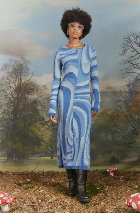 East Coast Fashion, Wave Sweater, The Blue Moon, Moon Dress, House Of Sunny, 70s Outfits, Long Sleeve Knit Dress, Student Fashion, House Dress