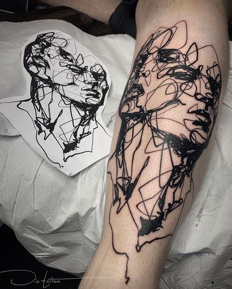 Thread | Reflection | Person | Black Linework tattoo | Tattoo artist Jio Maia | Berlin, San Francisco Scribble Tattoo, Chaos Tattoo, Tattoos Masculinas, Herren Hand Tattoos, Unusual Tattoo, Abstract Tattoo Designs, Tattoo Face, Silhouette Tattoos, Inspiration Tattoos