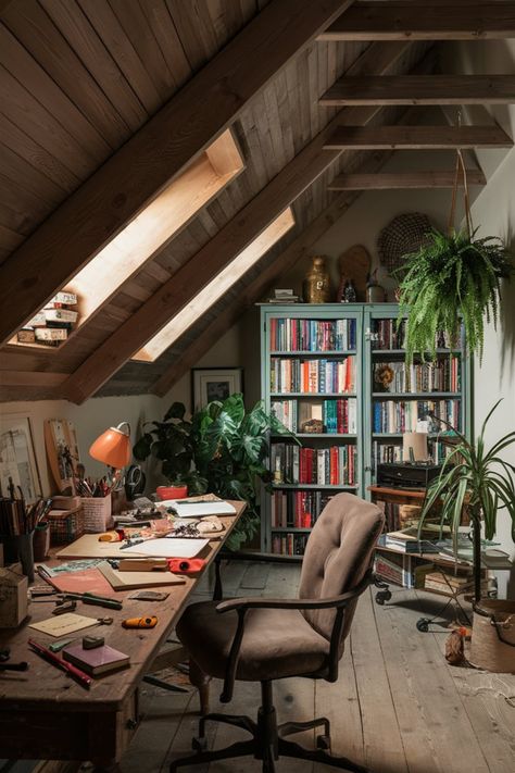 Transform your attic into a warm and rustic workspace! From slanted wooden ceilings to a vintage desk, a curated bookshelf, and a touch of greenery, this design blends charm and productivity seamlessly. Home Office Studio Creative Workspace, Curated Bookshelf, Rustic Workspace, Writers Office, Writer's Office, Rustic Home Office, Shelf Decor Ideas, Shelves Above Toilet, Cozy Study