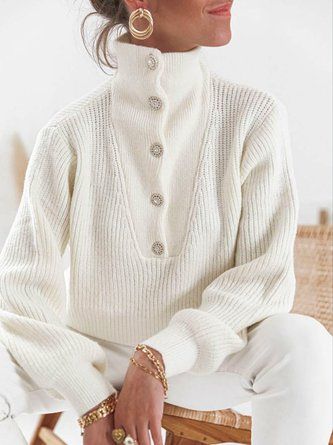 Pullover Outfit, Winter Chic, Winter Pullover, Button Sweater, High Neck Sweater, Long Sleeve Knit Sweaters, White Sweater, Loose Sweater, Knitted Pullover Sweaters