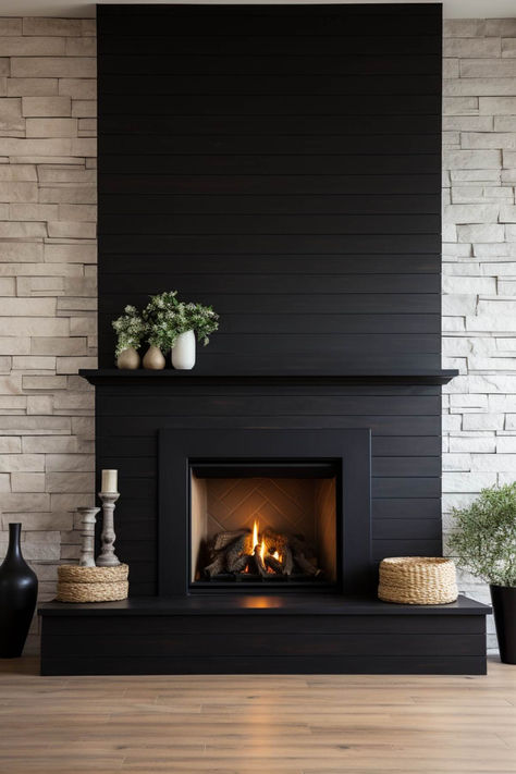 40+ Black Shiplap Fireplace Ideas That Redefine Modern Style Living Rooms With Fireplace And Tv, Black Shiplap Fireplace, Shiplap Fireplace Ideas, Black Fireplace Wall, Black Brick Fireplace, Black Shiplap, Shelf Plans, Fireplace Accent Walls, Mantle Decorating