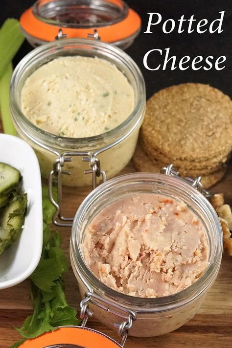 two jars of differently flavoured potted cheese on a board with oatcakes, celery and nuts Easy Homemade Crackers, Cheese Recipes Homemade, Cheese Spread Recipes, Pate Recipes, Cheese Scones, Homemade Crackers, Oat Cakes, Spread Recipes, Homemade Cheese