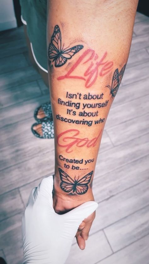 Meaningful Butterfly Tattoos Quotes, Tattoo Meaning Change And Growth, Momerial Tattoos, Life Isn't About Finding Yourself Tattoo, You Never Know How Strong You Are Tattoo, Outline Sleeve Tattoo, Way Tattoo Ideas, Faith Based Tattoos For Women, Medium Sized Tattoos