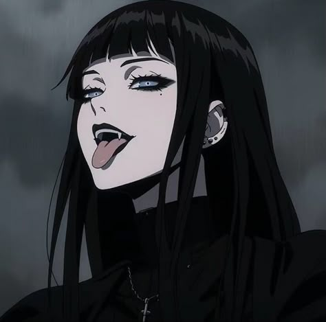 Goth Tongue Piercing, Anime Goth Woman, Goth Pfp Anime, Goth Anime Woman, Goth Aesthetic Icons, Goth Pfp Aesthetic, Goticas Aesthetic, Goth Anime Pfp, Goth Avatar