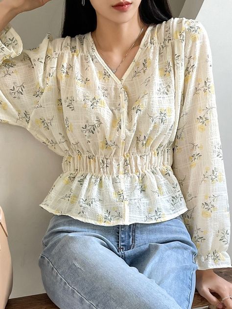 [CommissionsEarned] Yellow Boho Long Sleeve Polyester Floral Peplum Embellished Non-Stretch Women Tops, Blouses And Tee #bohoblousesforwomen Top Designs For Women Cotton, Trendy Tops For Women Classy, Classy Outfits For Women Casual, Fancy Top Design, Yellow Blouse Outfit, Western Tops For Women, Peplum Top Outfits, Feminine Tops, Cotton Suit Designs