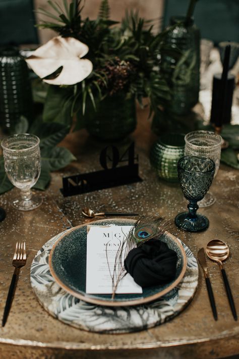 Jungle Glam Playa del Carmen Destination Wedding | Junebug Weddings Jungle Glam, Moody Tablescape, Green Tablescape, Jungle Wedding, Bday Dinner, Dresses Photography, Wedding Tableware, Tulum Wedding, Moody Wedding