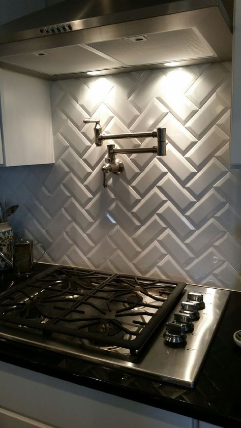 White Subway Tile Herringbone, Beveled Subway Tile Backsplash, White Beveled Subway Tile, Backsplash Herringbone, Sink Backsplash, Grey Wood Tile, Bevelled Tiles, Glass Backsplash Kitchen, Backsplash Diy