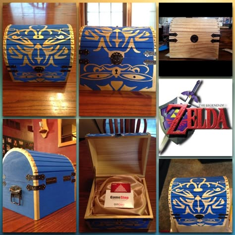 #LegendOfZelda #BossChest. I went to my local craft store and picked up a unique looking wooden box. I free-handed a design onto it and then painted it :) I gifted it to my #boyfriend with a #gift card to Game Stop inside. He LOVED it :) #DIY #Zelda #Amazing Zelda Valentines Boxes, Zelda Gift Ideas, Zelda Crafts, Diy Zelda Gifts, Zelda Diy Decor, Zelda Room, Zelda Diy Gift, Legend Of Zelda Crafts Diy Projects, Legend Of Zelda Gift Ideas