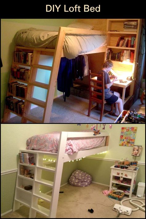 Loft Beds With Bookshelves, Loft Bed Blueprints, Loft Bed Built Into Wall, Floating Loft Bed Diy, Diy Loft Bed For Kids Small Room, Diy Kids Loft Bed, Minimalist Loft Bed, Twin Loft Bed Diy, Hanging Loft Bed