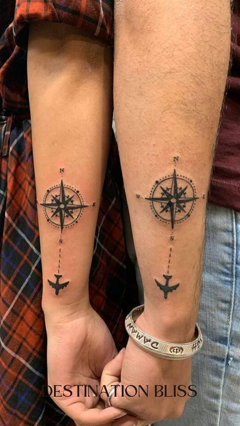 travel tattoo Adventure Symbol Tattoo, Couples Travel Tattoos, Couple Travel Tattoos, Compass Matching Tattoo, Matching Tattoo Placement, Wrist Tattoos For Couples, Couple Compass Tattoo, Couple Goal Tattoos, Matching Wrist Tattoos