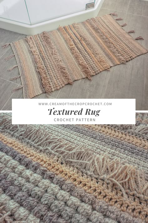 Crochet Rugs Free Patterns Rectangle, Rug Making Patterns, Textured Rug Crochet Pattern, Weaving Rugs Diy, Crochet House Decor Free Patterns, Crochet Interior Decor, Yarn Rug Diy, Free Crochet Wall Hanging Patterns, Macrame Rug Pattern