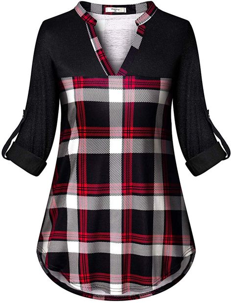 Viracy Womens 3/4 Roll Sleeve Shirt Notch V Neck Loose Pattern Tunic Top (Medium, A-Red Black) at Amazon Women’s Clothing store: Umgestaltete Shirts, Style Guru, Tunic Pattern, Frock Design, Latest African Fashion Dresses, Designs For Dresses, Loose Blouse, Refashion Clothes, Tunic Shirt