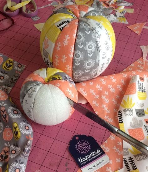 How to make no-sew fabric pumpkins – Recycled Crafts Fabric Yo Yo Pumpkins, Fabric Wrapped Pumpkins Diy, No Sew Crafts For Adults, Fabric Covered Foam Pumpkins, Bandana Pumpkins Diy, How To Cover A Foam Pumpkin With Fabric, How To Cover A Pumpkin With Fabric, Quilted Styrofoam Ball Ornaments, Diy Styrofoam Pumpkins