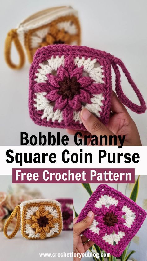 Crochet Granny Square Purses, Granny Square Bucket Bag, Granny Square Zipper Pouch Pattern, Granny Square Small Projects, Crochet Granny Square Pouch Free Pattern, Crochet Granny Square Purse Pattern Free Easy, Crochet Change Purse Pattern Free, Mini Granny Square Projects, Granny Square Pouch Free Pattern