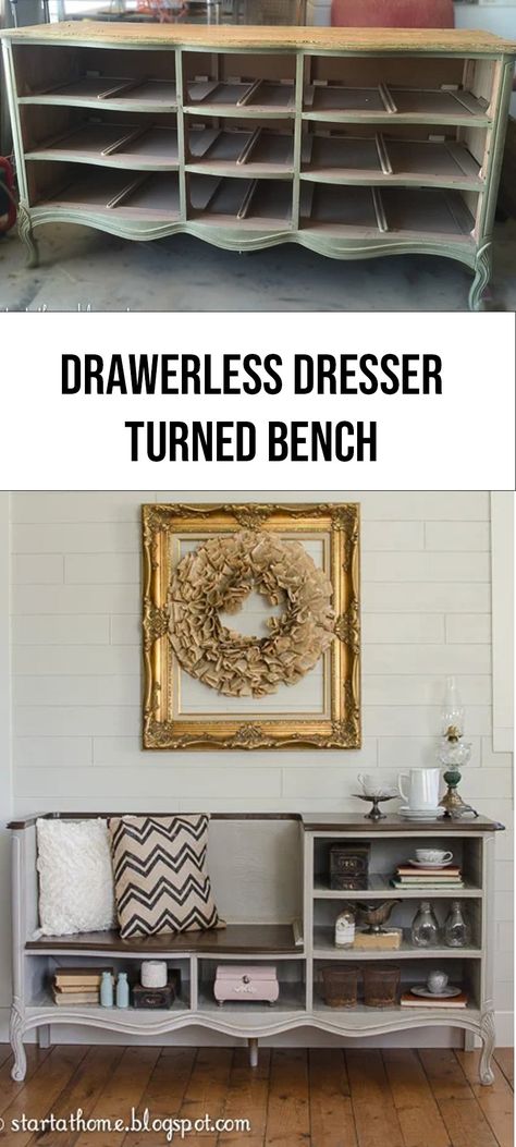 Dresser Diy Repurposed, Diy Dresser Bookshelf, Repurpose Old Furniture, Dresser To Bench Diy, Dresser To Console Table Diy, Dresser Seating, Repurpose Dresser Without Drawers, Repurposed Long Dresser, Dresser Bench Diy