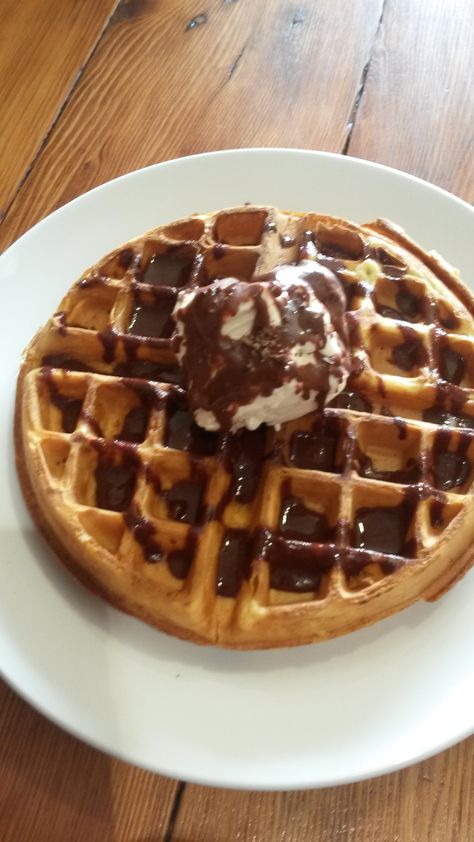 Homemade waffle with ice cream and Valrhona chocolate sauce Waffle With Ice Cream, Homemade Waffle, Valrhona Chocolate, Waffle Ice Cream, Homemade Waffles, Chocolate Sauce, Waffles, Ice Cream, Sauce