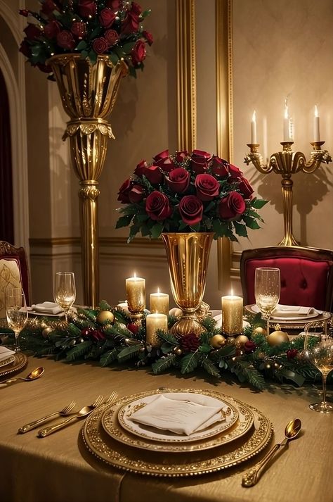 Christmas Stage Decorations, Christmas Dining Table Decorations, Christmas Dinner Table Settings, Dining Table Decorations, Dinner Centerpieces, Red Gold Christmas, Christmas Dining Table Decor, Wedding Glamour, Christmas Stage