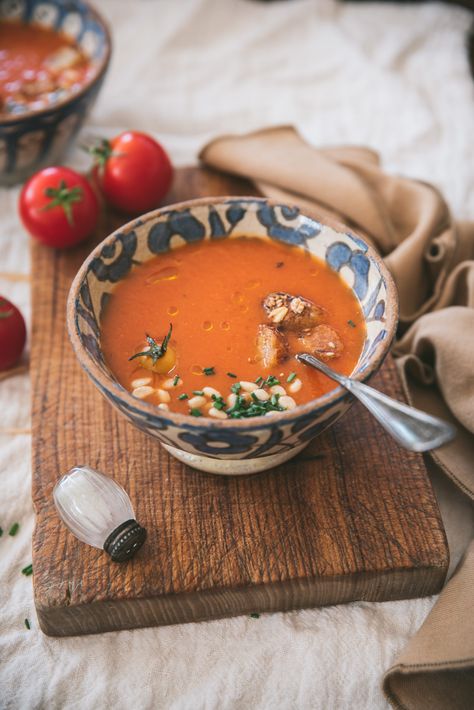 Homemade Tomato Gazpacho Tomato Gazpacho, Gazpacho Recipe, Country Bread, Sweet Bell Peppers, Croutons Homemade, Sherry Vinegar, Summer Tomato, Toasted Pine Nuts, Ripe Tomatoes