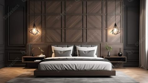 modern bedroom design in 3d rendering with wooden headboard and double wall attached nightstands Wooden Theme Bedroom, Wall Mounted Headboard, Panels Bedroom, Mounted Headboard, Suite Room, Presidential Suite, Bed Headboard Design, Crockery Unit, Ppt Background