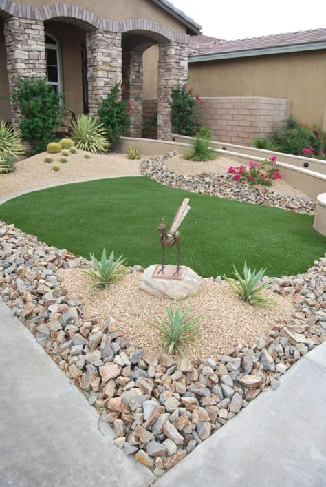 Small Yard With Turf, Landscape Desert, Front Landscape, Rock Border, Cheap Landscaping Ideas, Artificial Cactus, Landscaping Backyard, Yard Maintenance, Small Front Yard Landscaping