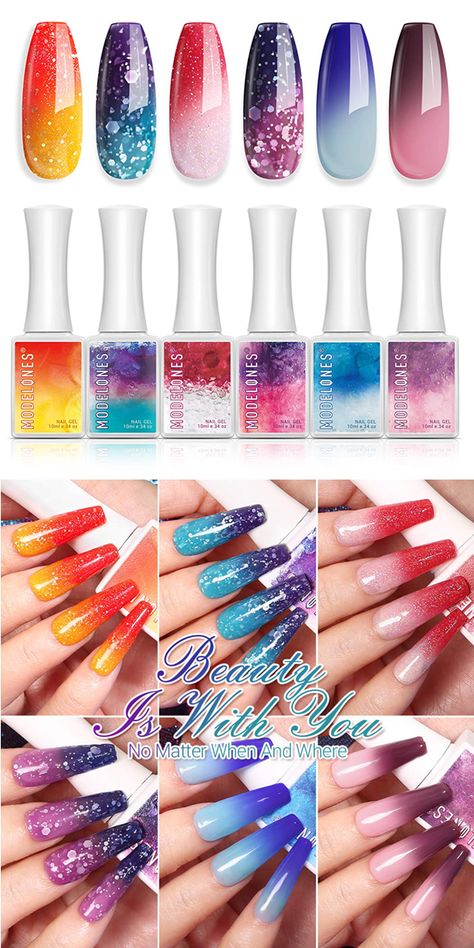 Gel Nail Polish Holiday Mood Temperature Color Changing Gel Polish Soak Off Hot and Cold Ombre Nail Polish with Beauty Gift Set 6 Pcs Colors 10 ML by Modelones Colour Change Nails, Mood Nails Gel, Mood Changing Nail Polish Gel, Mood Change Nails Gel Polish, Color Changing Nails Designs, Mood Color Nails, Temperature Nails, Mood Nail Polish Gel, Nude Color Nail Art