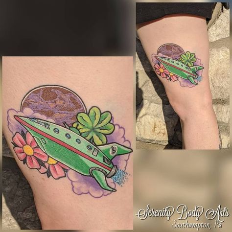 Planet Express Ship, Futurama Tattoo, Lucky Seven, Clover Tattoo, Clover Tattoos, Futurama, Thigh Tattoo, Leaf Clover, Clover Leaf