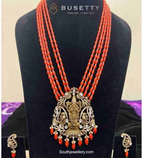 Corals Indian Jewellery, Balaji Pendant, Jewellery South Indian, Beads Long Necklace, Latest Indian Jewellery, Indian Jewellery Gold, Antique Gold Jewelry Indian, Coral Design, Jewellery Diamond