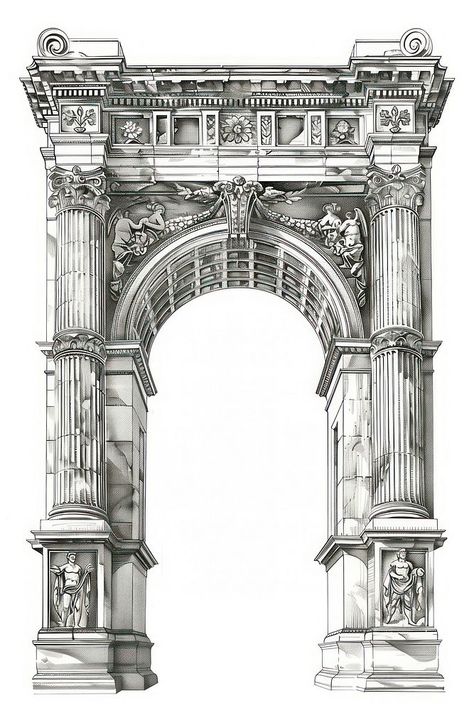 Arch drawing architecture sketch. | free image by rawpixel.com / Napas Classical Architecture Drawing, Gates Drawing, Gate Drawing, Arch Illustration, Greek Drawing, Arch Sketch, Arch Drawing, History Drawings, Classical Building