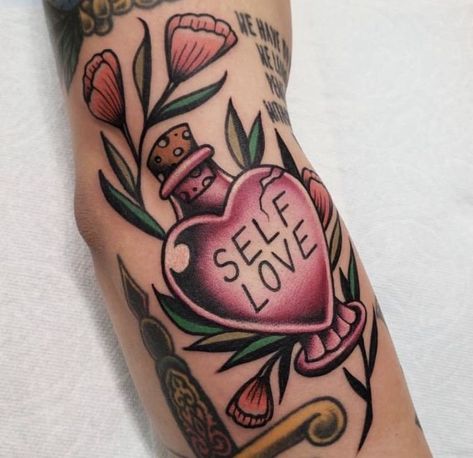 Self Care Tattoo Traditional Style Tattoo, Self Love Tattoo, Traditional Tattoo Sleeve, Muster Tattoos, Inspiration Tattoos, Tattoos Geometric, Geniale Tattoos, Traditional Tattoo Art, Tattoo Life