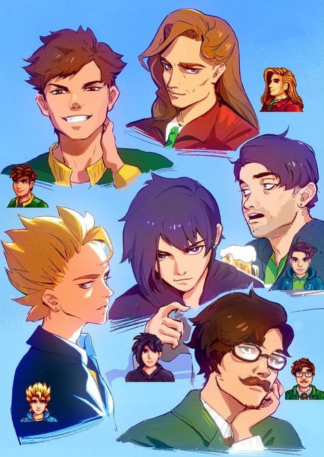 Stardew Valley art > The Bachelors > male npc marriage candidates : Alex, Elliott, Sam, Sebastian, Shane, Harvey | bolin_draw Sdv Bachelors Fanart, Fan Art Stardew Valley, Stardew Valley Tips, Valley Game, Stardew Valley Fanart, Harvest Moon, Stardew Valley, Story Inspiration, Animal Crossing