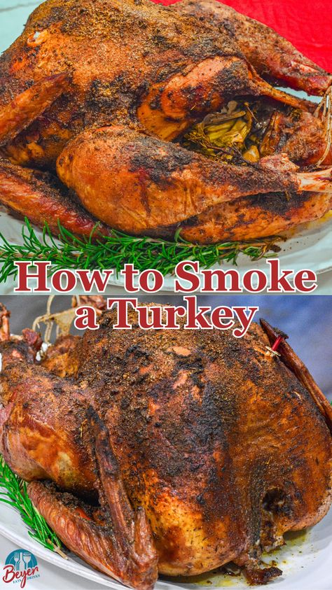 This Thanksgiving, take your turkey to the next level with brining and smoking. Brining keeps the meat incredibly moist and seasoned while smoking infuses it with a delicious smoky flavor. If you're ready to elevate your turkey game and impress your guests with a moist and flavorful bird, then brining and smoking the turkey is the way to go. Follow these simple steps for the best smoked turkey recipe you've ever tasted! #smoker #biggreenegg #thanksgiving #turkey Smoked Turkey Recipes Thanksgiving, Slow Cooker Whole Turkey, Smoked Turkey Brine, Smoked Whole Turkey, Turkey Smoked, Baked Turkey Wings, Whole Turkey Recipes, I Heart Recipes, Bbq Turkey