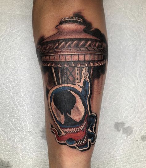 #tattoo  #spaceneedle  #seattle #tonyraz #exclusive #NOTDONE Seattle Themed Tattoo, Seattle Tattoos, Spaceneedle Seattle Tattoo, Seattle Kraken Tattoo, Space Needle Seattle Drawing, Venom Tattoo, Spaceneedle Seattle, Venom, Skull Tattoo