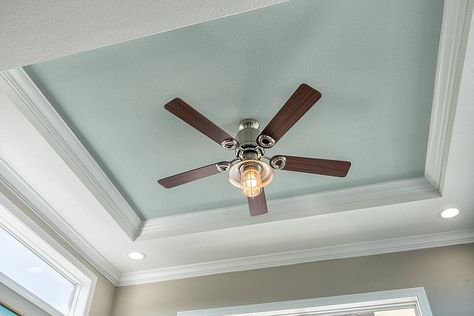 Recessed Ceiling Ideas, Tray Ceiling Paint, Tray Ceiling Paint Ideas, Tray Ceiling Bedroom, Tray Ceiling Ideas, Ceiling Fan Makeover, Trey Ceiling, Park Model Homes, Blue Ceilings