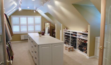 Turn your attic into a "wow" walk-in closet -- here's how! | Lower Providence, PA Patch Walk In Ideas, Attic Closet Ideas, Closet Conversion, Room Attic, Trendy Closet, Attic Wardrobe, House Closet, Slanted Walls, Custom Closet Design