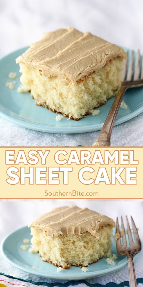 Classic Caramel Cake can be a little intimidating but this easy sheet cake recipe combines a scratch-made yellow cake and easy caramel icing and will have you enjoying this delicious treat in no time! Sheet Cakes Recipes, Easy Caramel Icing, Easy Sheet Cake Recipes, Yellow Cake Recipes, Easy Caramel Cake, Caramel Sheet Cake, Yellow Sheet Cake Recipe, Simple Sheet Cake, Sheet Cake Ideas