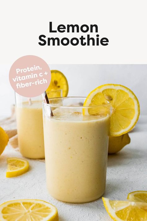 This bright and creamy lemon smoothie is made with lemon, Greek yogurt, frozen banana, cauliflower and turmeric for a delicious, energizing drink that's loaded with protein, fiber and vitamin C. Food Smoothies, Lemon Greek Yogurt, Yogurt Frozen, Lemon Smoothie, Lemonade Smoothie, Infused Waters, Dragon Fruit Smoothie, Smoothie Ideas, Kiwi Smoothie