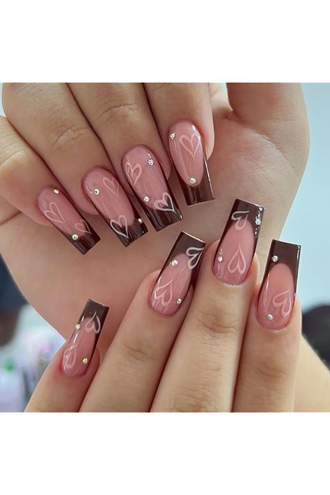 French Tip Press on Nails with Heart Designs 24Pcs Glossy Brown Medium Square False Nails Reusable Full Cover Artificial Coffin Fake Nails with Glue Acrylic False Fingernails with Charm for Women Valentin’s Day Nails, Cute Nails Square Medium, Valentine’s Day Nails Ideas, Medium Square Nails Designs, Pink Square Acrylic Nails, Brown And Pink Nails, Pink And Brown Nails, Nails Square Medium, Brown French Tip