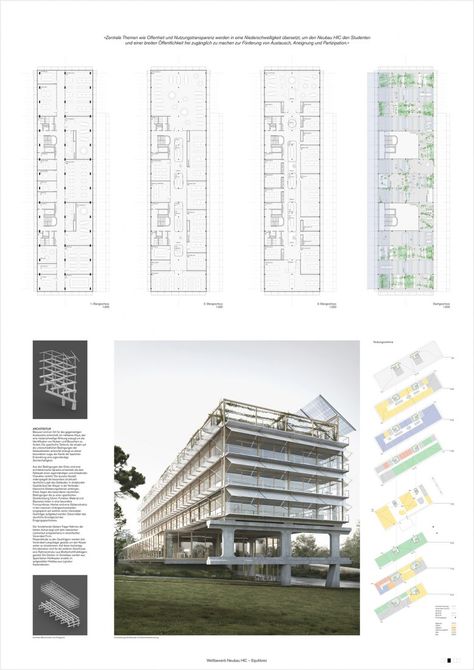 Competition board by Bründler Architekten with Rapp Architekten Eth Zurich, Competition Board, Architectural Competition, Rammed Earth, Study Architecture, Architecture Concept Drawings, Multipurpose Room, Structure Architecture, Park Hotel