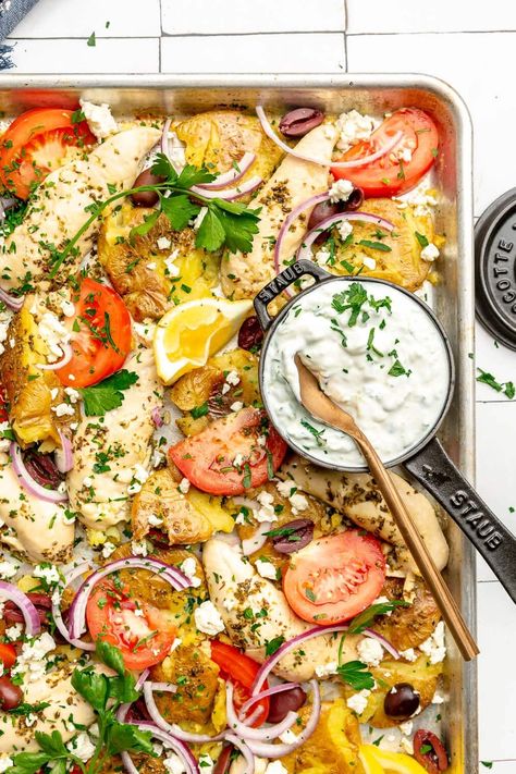 One Pan Greek Chicken and Potatoes - Fed & Fit Chicken And Potatoes Sheet Pan, Pork Breakfast Recipes, One Pan Greek Chicken, Greek Chicken And Potatoes, Recipes Meal Prep, Fed And Fit, Sheet Pan Dinners Chicken, Chicken And Potatoes, Homemade Tzatziki