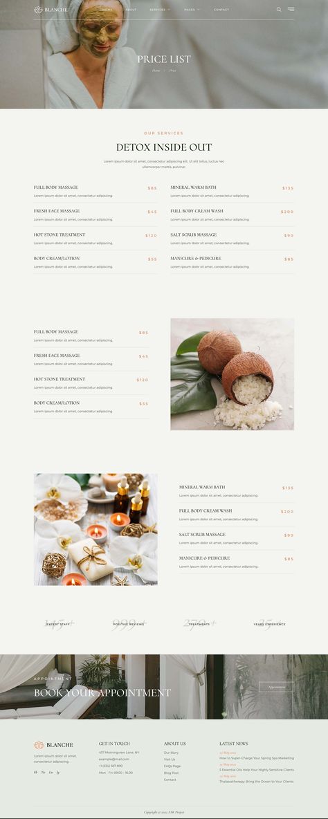 Blanche - Spa & Wellness Elementor Template Kit Spa Menu Design, Menu Spa, Spa Menu, Spa Wellness, Ad Template, Wellness Spa, Wellness Center, Menu Design, Design Template